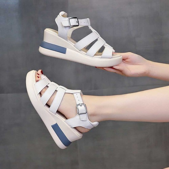 Buckle Closure Fish Mouth Strappy Hollow Wedge Sandals - Cream |image