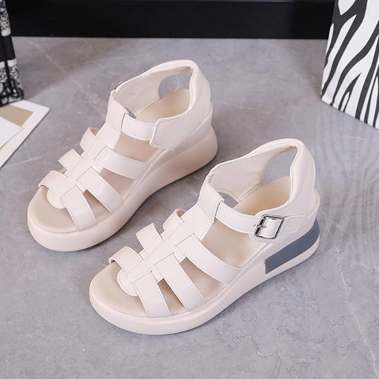 Buckle Closure Fish Mouth Strappy Hollow Wedge Sandals - Cream |image