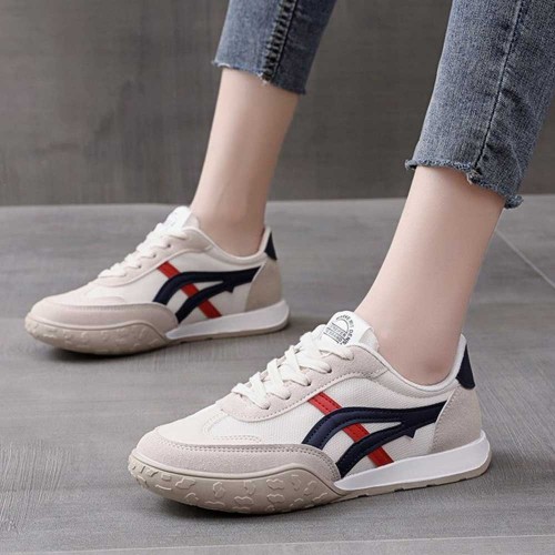 Canvas Breathable Lace Up Stripes Women Sneakers -Blue |image