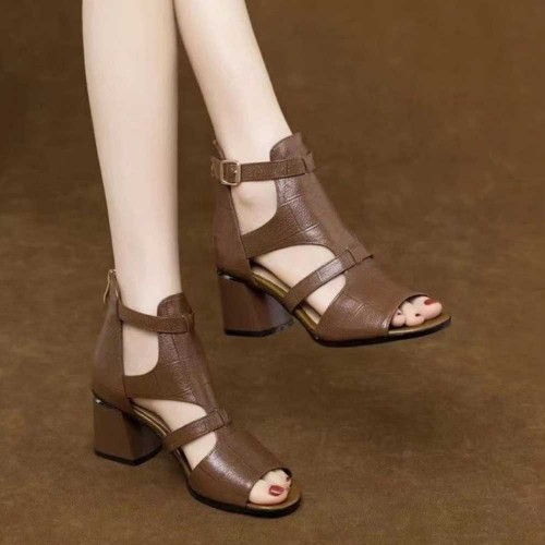 Open Toe Hollow Back Zipper Women High Heels Sandals Brown |image
