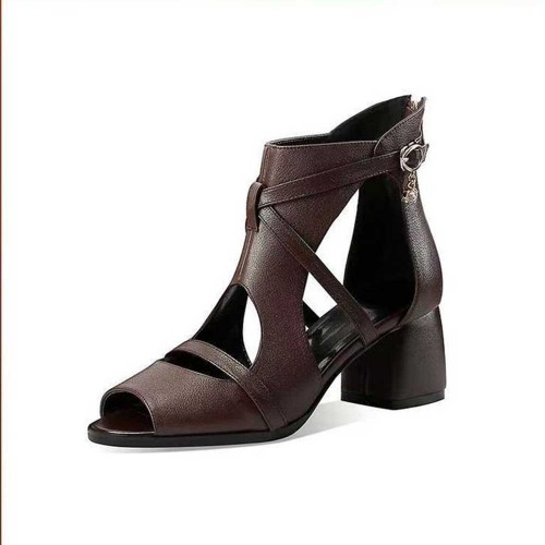 Open Toe Hollow Back Zipper Women High Heels Sandals Brown |image