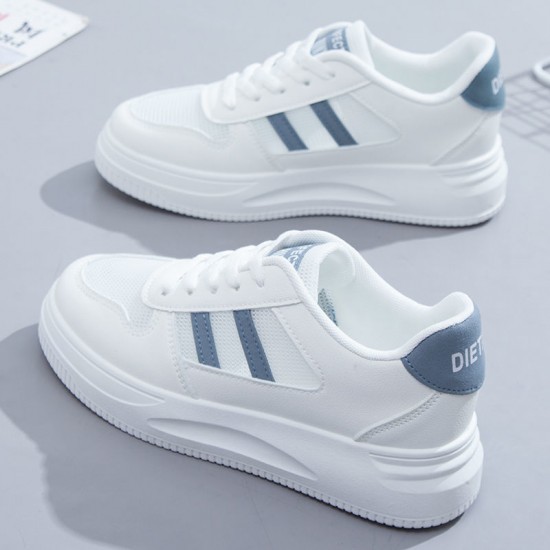 Flat Heel Shallow Mouth Breathable Lace Up Stripe Sneakers - Blue |image