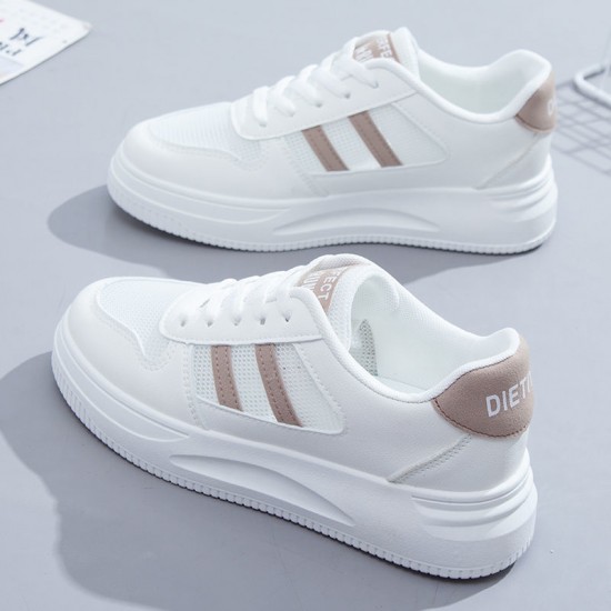 Flat Heel Shallow Mouth Breathable Lace Up Stripe Sneakers - Brown |image