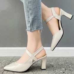 Elegant Pointed Toe Leather Strap Women High Heels Beige
