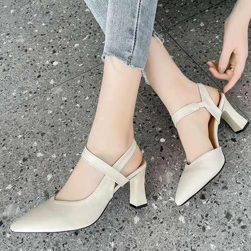 Elegant Pointed Toe Leather Strap Women High Heels Beige |image