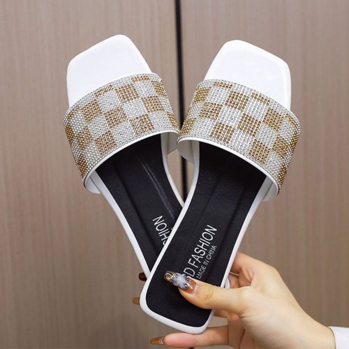Luxury Rhinestone Checked Flip Flop Flat Heel Slippers - White |image