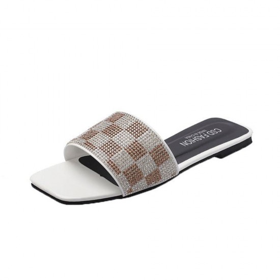 Showing image for Luxury Rhinestone Checked Flip Flop Flat Heel Slippers - White Luxury Rhinestone Checked Flip Flop Flat Heel Slippers - White |image