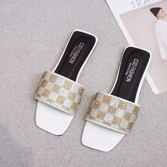 Showing image for Luxury Rhinestone Checked Flip Flop Flat Heel Slippers - White Luxury Rhinestone Checked Flip Flop Flat Heel Slippers - White |image