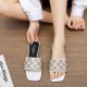 Luxury Rhinestone Checked Flip Flop Flat Heel Slippers - White |image