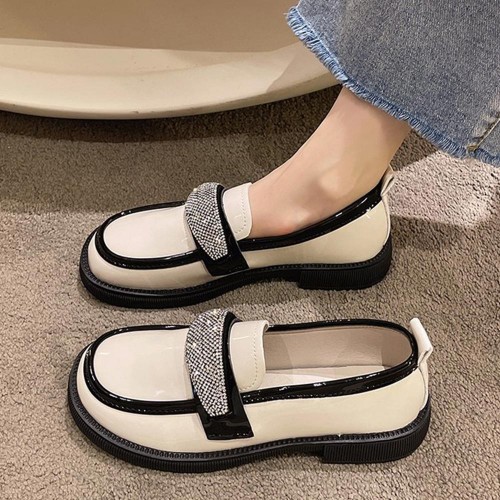 Platform Rhinestone Slip On Sponge Bottom Loafers Shoes - Cream |image