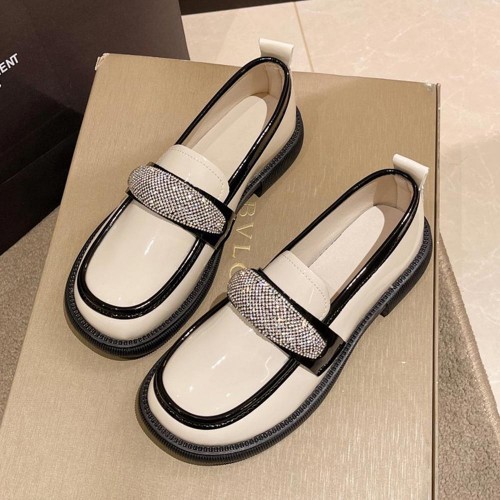 Platform Rhinestone Slip On Sponge Bottom Loafers Shoes - Cream |image