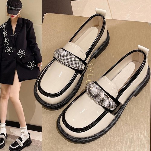 Platform Rhinestone Slip On Sponge Bottom Loafers Shoes - Cream |image