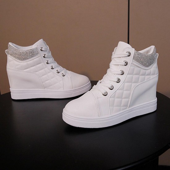 Rhinestone Decorated Style High Top Comfortable Women Sneakers - White |image