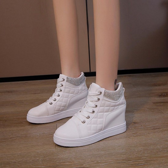 Rhinestone Decorated Style High Top Comfortable Women Sneakers - White |image