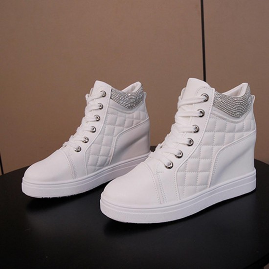 Rhinestone Decorated Style High Top Comfortable Women Sneakers - White |image