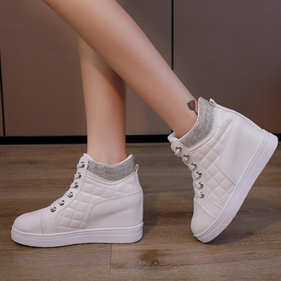 Rhinestone Decorated Style High Top Comfortable Women Sneakers - White |image