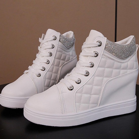 Rhinestone Decorated Style High Top Comfortable Women Sneakers - White |image