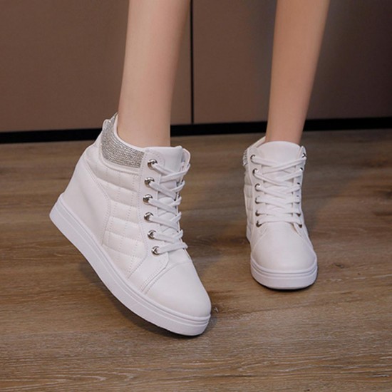 Rhinestone Decorated Style High Top Comfortable Women Sneakers - White |image