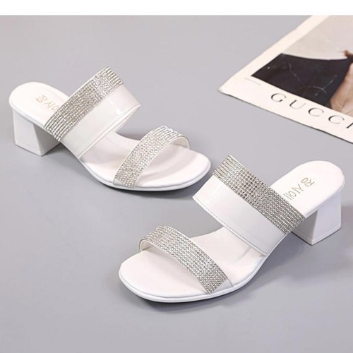 Rhinestone Open Toe Stripes Women Slipper Sandals - White |image
