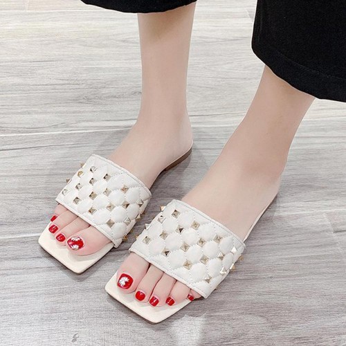 Comfortable Flat Bottom Square Toe Rhombus Slippers - White |image