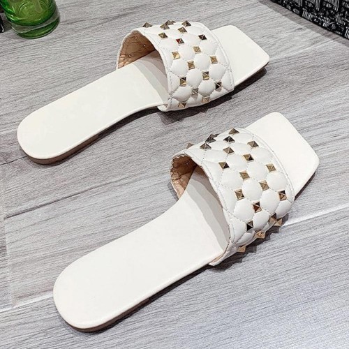 Comfortable Flat Bottom Square Toe Rhombus Slippers - White |image