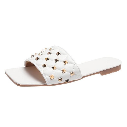 Comfortable Flat Bottom Square Toe Rhombus Slippers - White |image