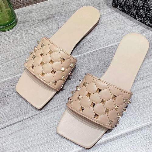 Comfortable Flat Bottom Square Toe Rhombus Slippers - Brown |image