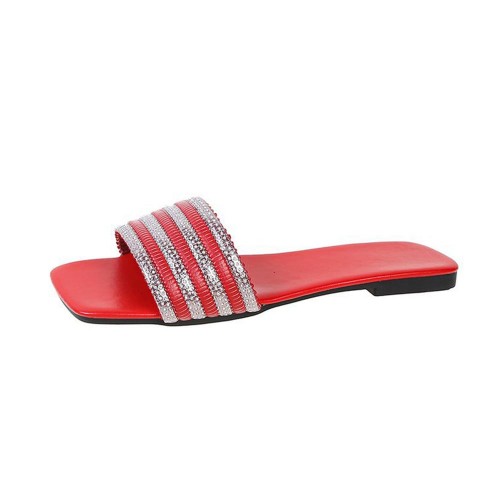 Cross Border Rhinestone Square Head Flat Bottom Slippers - Red |image