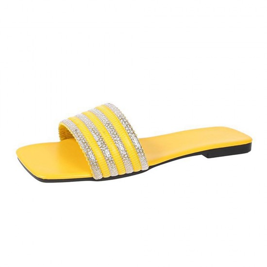 Cross Border Rhinestone Square Head Flat Bottom Slippers - Yellow |image