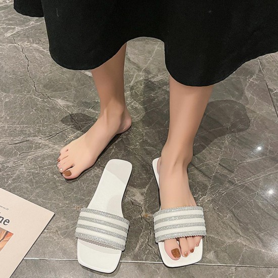 Cross Border Rhinestone Square Head Flat Bottom Slippers - White |image