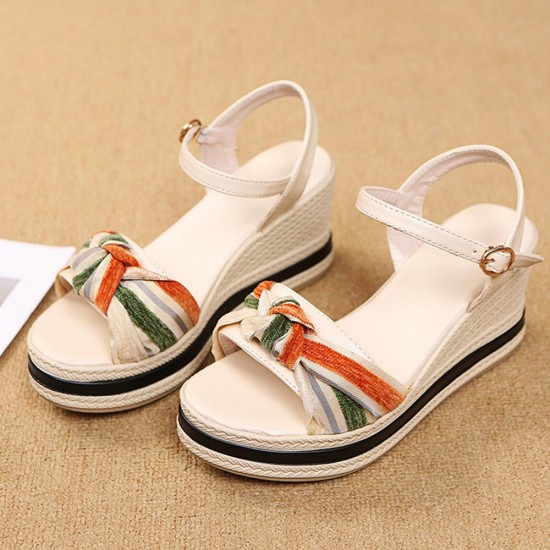 Comfortable Open Toed Buckle Closure Strappy Wedge Sandals - Beige |image