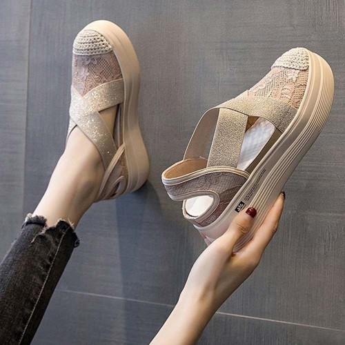 Thick Soled Hollow Breathable Pedal Loafer Casual Shoes Beige |image