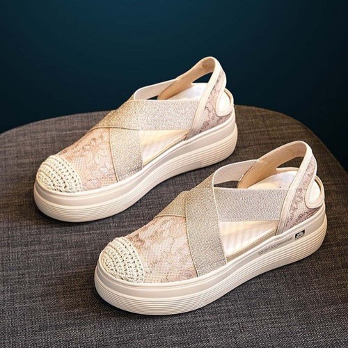 Thick Soled Hollow Breathable Pedal Loafer Casual Shoes Beige |image