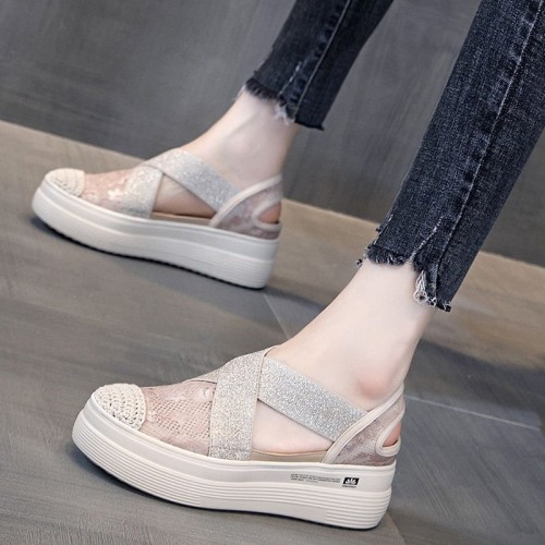 Thick Soled Hollow Breathable Pedal Loafer Casual Shoes Beige |image