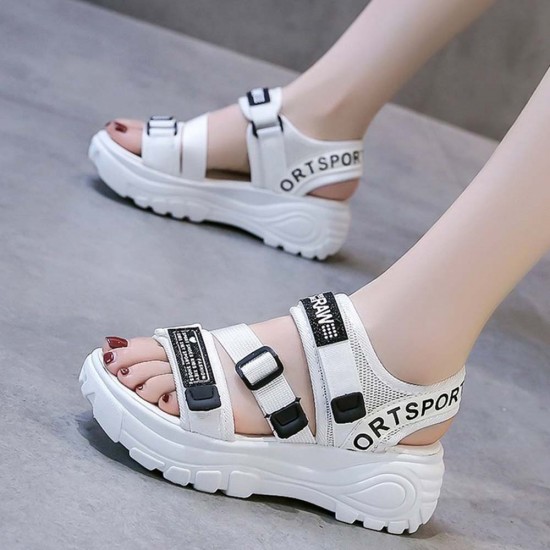Velcro Thick Soled Strappy Open Toe Sports Sandals - White |image