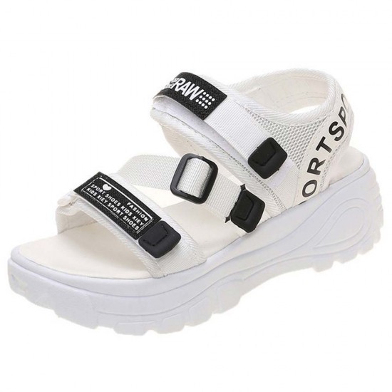 Velcro Thick Soled Strappy Open Toe Sports Sandals - White |image