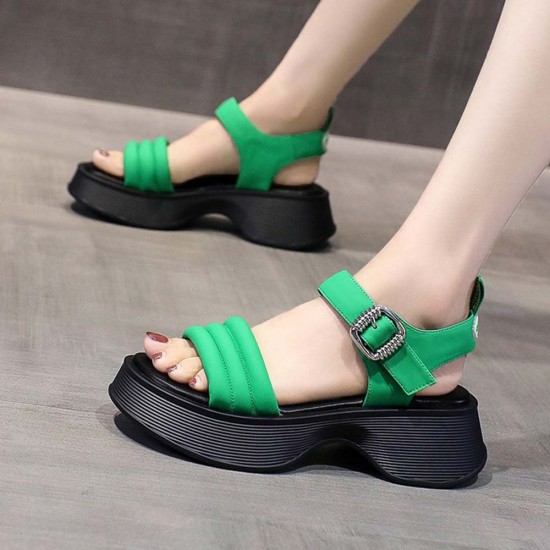 Buckle Closure Strappy Open Toe Muffin Sandals - Green |image