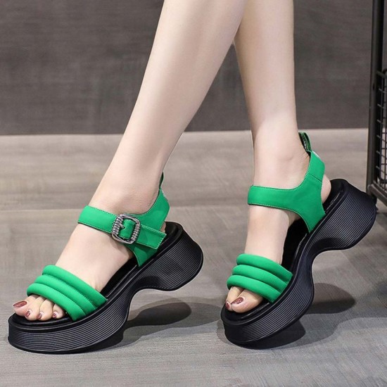 Buckle Closure Strappy Open Toe Muffin Sandals - Green |image