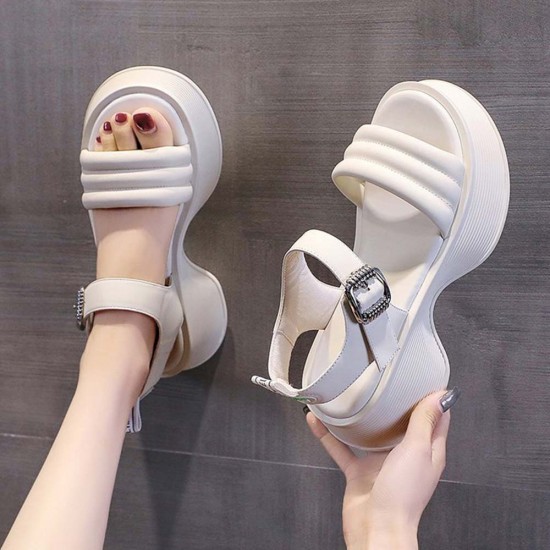 Buckle Closure Strappy Open Toe Muffin Sandals - Cream |image