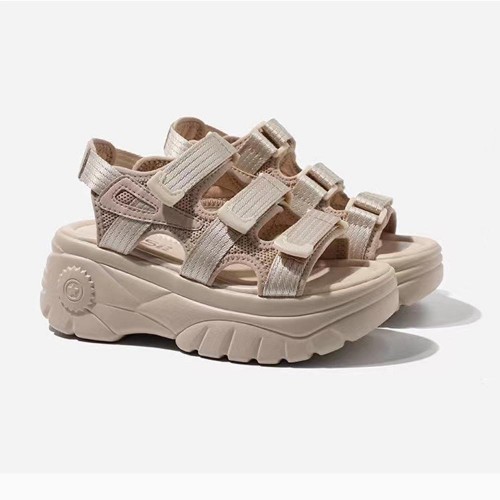 Strappy Velcro Peep Toe Hollow Muffin High Wedge Sandals - Beige |image