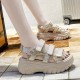 Strappy Velcro Peep Toe Hollow Muffin High Wedge Sandals - Beige |image