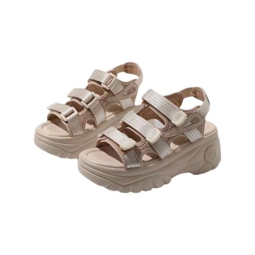 Strappy Velcro Peep Toe Hollow Muffin High Wedge Sandals - Beige |image