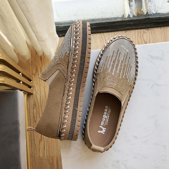 Showing image for Platform Crystal Flat Soft Soled Slip On Loafers Shoes - Brown Platform Crystal Flat Soft Soled Slip On Loafers Shoes - Brown |image