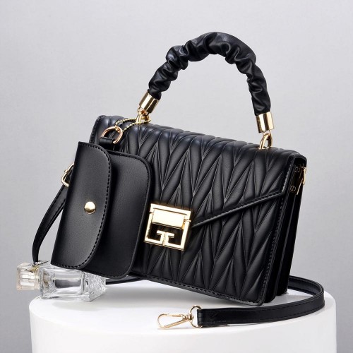 Wrinkle Portable Small Satchel Messenger Women Shoulder bag - Black |image