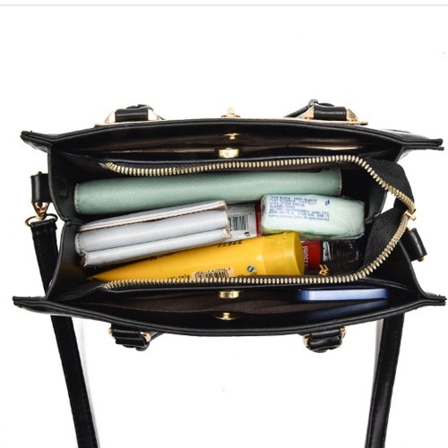 Adjustable Strappy Zipper Closure Women Tote Hand Bag - Black |image