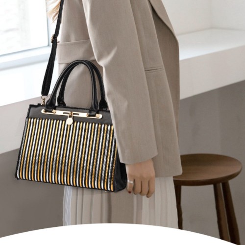 Adjustable Strappy Zipper Closure Women Tote Hand Bag - Black |image