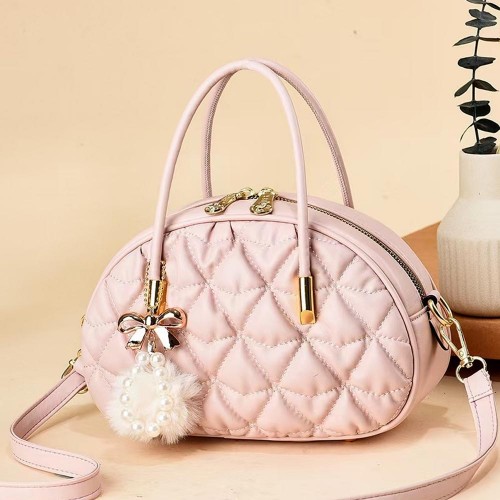 Textured Folded Women Messenger Thin Shell Fur Ball Shoulder Bag - Pink |image