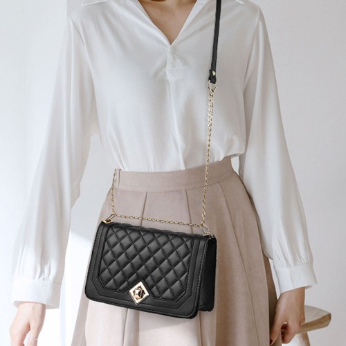 Luxury Lock Closures Rhombus Chain Women Shoulder Bag - Black |image