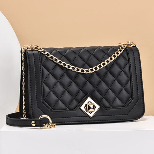 Luxury Lock Closures Rhombus Chain Women Shoulder Bag - Black |image