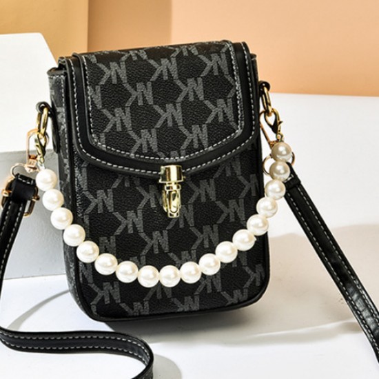 Showing image for Letter Printed Pearl Chain Cellphone Flip Square Mini Shoulder Bag - Black Letter Printed Pearl Chain Cellphone Flip Square Mini Shoulder Bag - Black |image